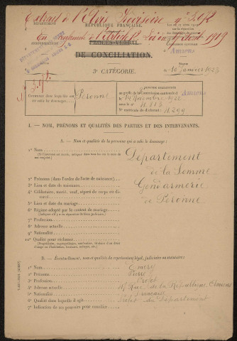 Péronne. Demande d'indemnisation des dommages de guerre : dossier Département de la Somme (gendarmerie)