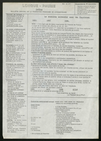 Longue Paume Infos (numéro 2), bulletin officiel de la Fédération Française de Longue Paume