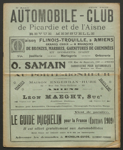 Automobile-club de Picardie et de l'Aisne. Revue mensuelle, 5e année, juin 1909
