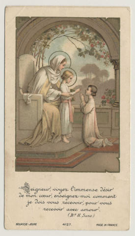 Seigneur, voyez l'immense désir de mon coeur, enseignez-moi comment je dois vous recevoir, pour vous recevoir avec amour. Souvenir de première communion. Image de communion d'Hélène Vial, Labenne (Landes), le 21 juin 1934