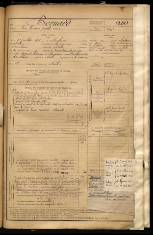 Bernard, Léon Gustave Joseph, né le 31 juillet 1875 à Morchain (Somme), classe 1895, matricule n° 940, Bureau de recrutement de Péronne