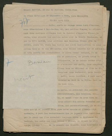 Témoignage de Barriau, Ernest et correspondance avec Jacques Péricard