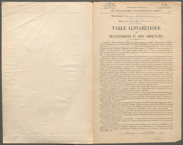 Table des successions et absences du bureau de Bernaville