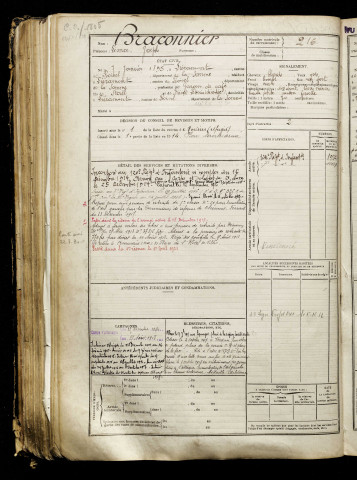 Braconnier, Léonce Joseph, né le 07 janvier 1895 à Liéramont (Somme), classe 1915, matricule n° 216, Bureau de recrutement de Péronne