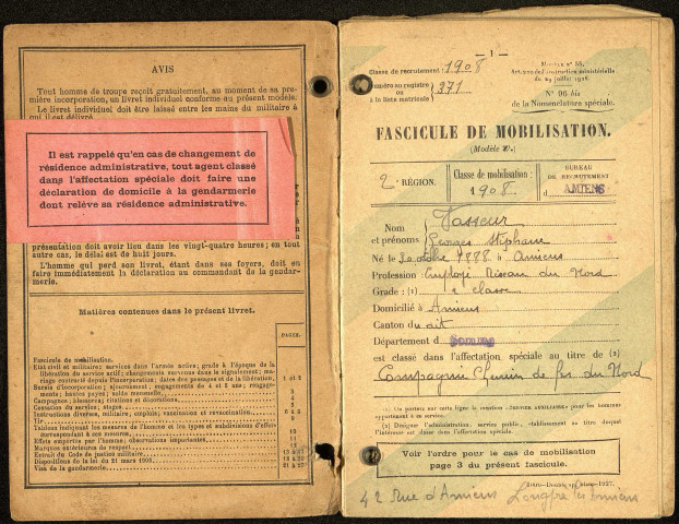Livret militaire de Georges Stéphane Vasseur, né le 30 octobre 1888 à Amiens (Somme), classe 1908, matricule n° 371, Bureau de recrutement d'Amiens