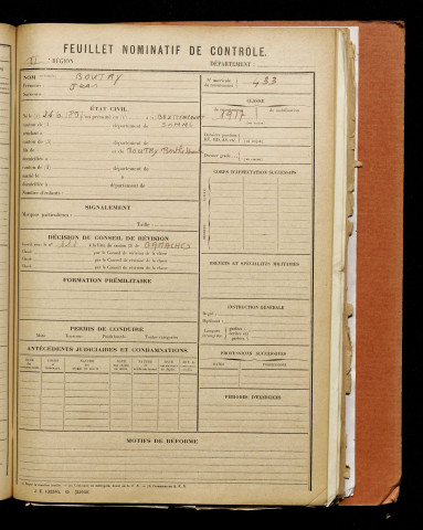 Boutry, Jean, né le 26 juin 1897 à Bouttencourt (Somme), classe 1917, matricule n° 433, Bureau de recrutement d'Abbeville
