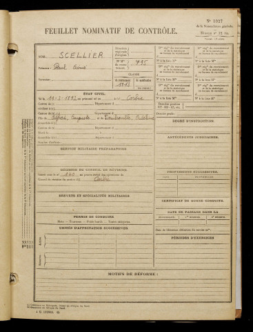 Scellier, Paul Aimé, né le 19 mars 1893 à Corbie (Somme), classe 1913, matricule n° 795, Bureau de recrutement d'Amiens