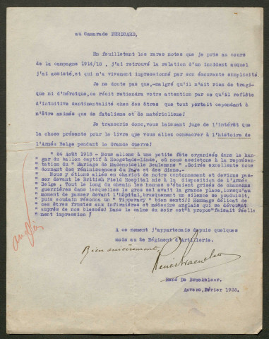 Témoignage de De Braekeleer, René et correspondance avec Jacques Péricard