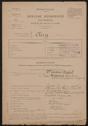 Cléry-sur-Somme. Demande d'indemnisation des dommages de guerre : dossier Cordier-Dufeil
