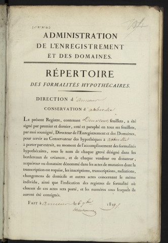 Répertoire des formalités hypothécaires, du 21/01/1820 au 15/04/1820, registre n° 104 (Abbeville)
