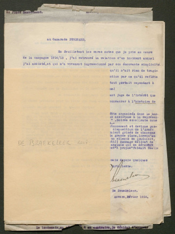 Témoignage de De Braekeleer, René et correspondance avec Jacques Péricard