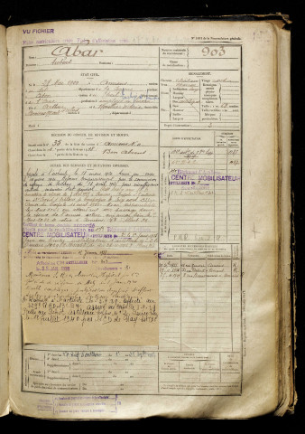 Abar, Aubert, né le 28 mai 1900 à Amiens (Somme), classe 1920, matricule n° 903, Bureau de recrutement d'Amiens