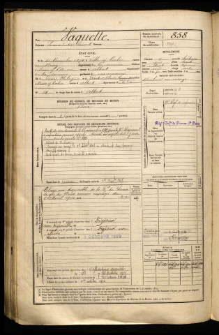 Vaquette, Lucien Victor Ernest, né le 10 novembre 1874 à Ville-sur-Ancre (Somme), classe 1894, matricule n° 858, Bureau de recrutement de Péronne