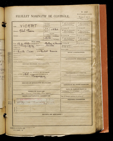 Vicart, Abel Pierre, né le 17 avril 1892 à Belloy-sur-Somme (Somme), classe 1912, matricule n° 1234, Bureau de recrutement d'Amiens