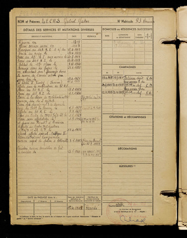 Lecas, Gabriel Gaston, né le 21 mai 1898 à Conty (Somme), classe 1918, matricule n° 93, Bureau de recrutement d'Amiens