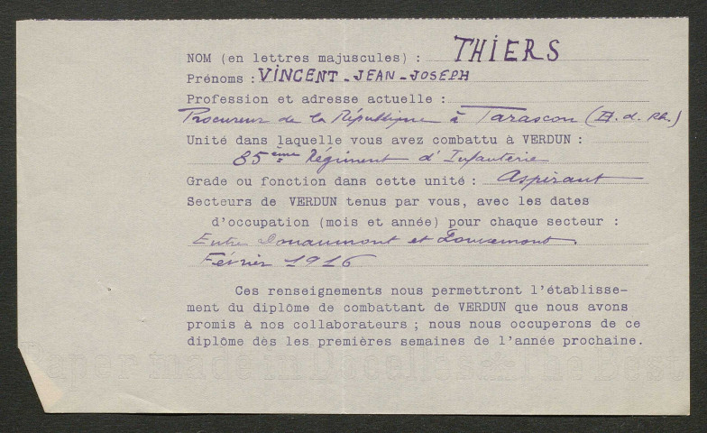 Témoignage de Thiers, Vincent (Aspirant) et correspondance avec Jacques Péricard
