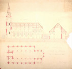 Eglise, projet de reconstruction : plan en coupe et élévation dessiné par l'architecte Delefortrie