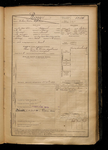 Rayet, Urbain Théodore Auguste, né le 26 mai 1875 à Rogécourt (Aisne), classe 1895, matricule n° 1246, Bureau de recrutement de Péronne