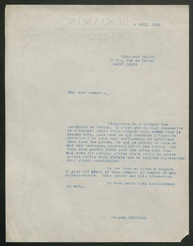 Témoignage de Prévot, Fernand (Sous-lieutenant) et correspondance avec Jacques Péricard