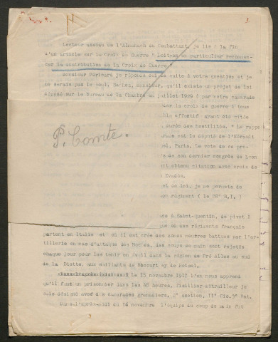 Témoignage de Comte, P. et correspondance avec Jacques Péricard