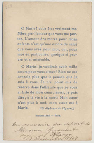 La divine sollicitude de Marie. La Vierge et l'Enfant. En souvenir du départ de Monsieur Guignant, doyen de Blangy, le 18 décembre 1898