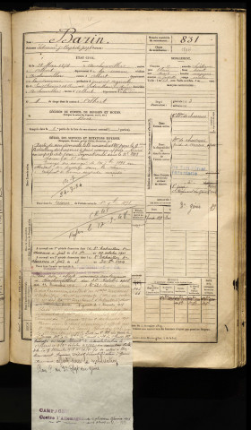 Bazin, Edmond Jean Baptiste Joseph, né le 28 mai 1874 à Auchonvillers (Somme), classe 1894, matricule n° 831, Bureau de recrutement de Péronne