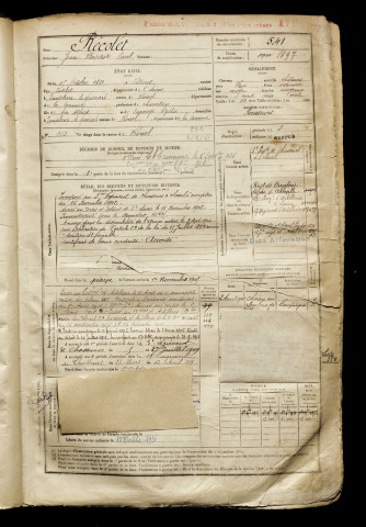 Récolet, Jean Baptiste Paul, né le 15 octobre 1881 à Villeret (Aisne), classe 1901, matricule n° 541, Bureau de recrutement de Péronne