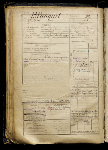Blanquet, Jules Ernest, né le 30 novembre 1889 à Pierrepont-sur-Avre (Somme), classe 1909, matricule n° 92, Bureau de recrutement de Péronne