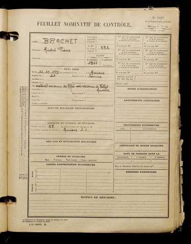 Brachet, André Pierre, né le 11 octobre 1891 à Amiens (Somme), classe 1911, matricule n° 892, Bureau de recrutement d'Amiens