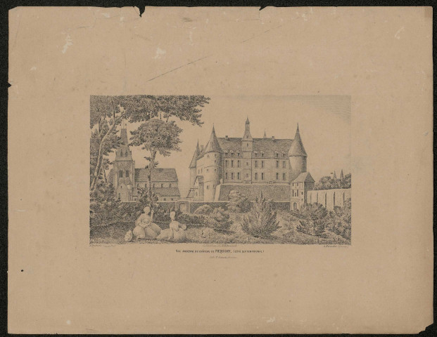 Vue ancienne du château de Picquigny (côté septentrional). Gravure d'après dessin d'Aimé Duthoit