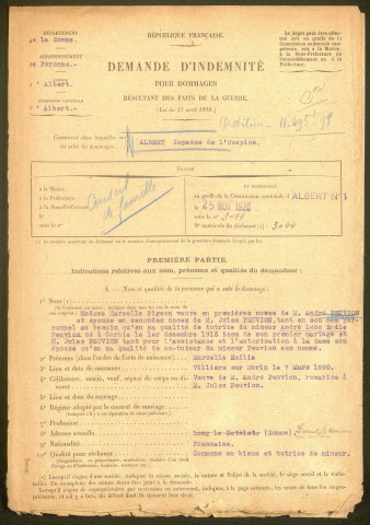 Albert. Demande d'indemnisation des dommages de guerre : dossier Peuvion-Pigeon
