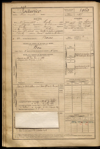 Voiturier, Henri Armand, né le 01 janvier 1867 à Cachy (Somme), classe 1887, matricule n° 1060, Bureau de recrutement d'Amiens