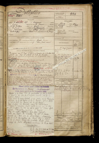 Delaplace, Albert, né le 04 octobre 1898 à Driencourt (Somme), classe 1918, matricule n° 931, Bureau de recrutement de Péronne