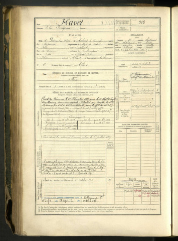 Havet, Eloi Fulgence, né le 2 décembre 1861 à Achiet-le-Grand (Pas-de-Calais, France), classe 1881, matricule n° 318, Bureau de recrutement Péronne