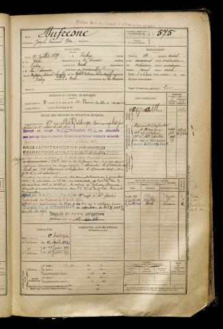 Dufresne, Joseph Fernand Rosa, né le 27 juillet 1889 à Falvy (Somme), classe 1909, matricule n° 575, Bureau de recrutement de Péronne