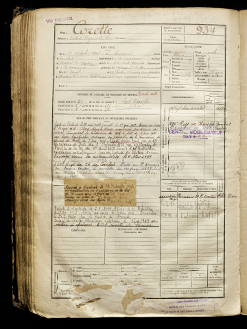 Cozette, Robert Raymond René, né le 11 octobre 1901 à Amiens (Somme), classe 1921, matricule n° 934, Bureau de recrutement d'Amiens