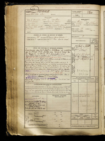 Devaux, Albert Victor Alfred, né le 07 novembre 1896 à Piennes-Onvillers (Somme), classe 1916, matricule n° 180, Bureau de recrutement de Péronne