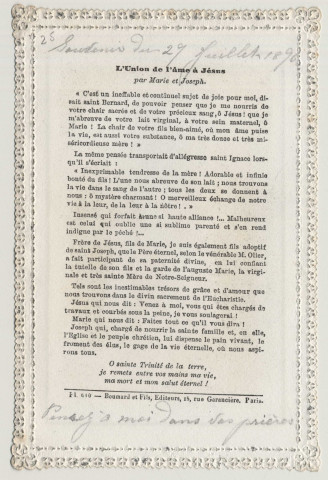 Image pieuse dentelle. Union admirable de Jésus, Marie et Joseph. La sainte Famille