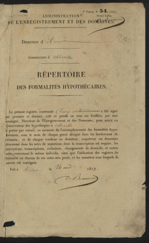 Répertoire des formalités hypothécaires, du 9/08/1854 au 18/01/1855, registre n° 200 (Abbeville)