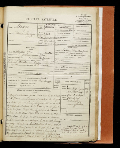 Lesage, Pierre François Joseph, né le 21 septembre 1892 à Ytres (Pas-de-Calais), classe 1912, matricule n° 723, Bureau de recrutement de Péronne