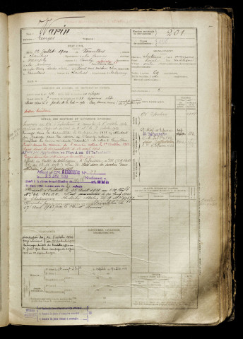 Warin, Georges, né le 22 juillet 1900 à Vauvillers (Somme), classe 1920, matricule n° 201, Bureau de recrutement de Péronne