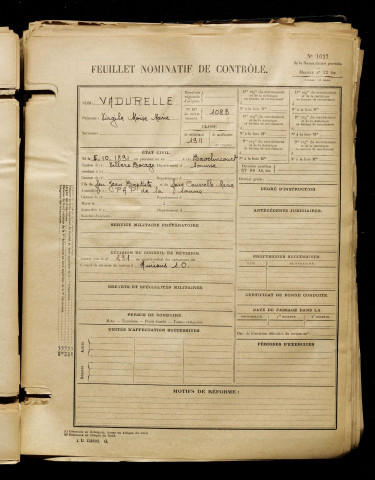 Vadurelle, Virgile Moïse Marie, né le 05 octobre 1891 à Bavelincourt (Somme), classe 1911, matricule n° 1083, Bureau de recrutement d'Amiens