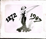 1872-1907. Reproduction photographique d'une illustration représentant une femme vêtue d'une longue robe de soirée portant une plume d'écriture sur le dos