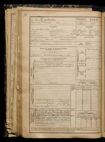 Masson, Paul Casimir, né le 10 août 1869 à Amiens (Somme), classe 1889, matricule n° 1144, Bureau de recrutement d'Amiens