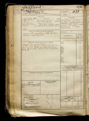 Gamain, Edouard Jules Laurent, né le 06 août 1894 à Caours (Somme), classe 1914, matricule n° 477, Bureau de recrutement d'Abbeville