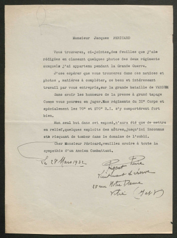 Témoignage de Prigent, Pierre (Lieutenant) et correspondance avec Jacques Péricard