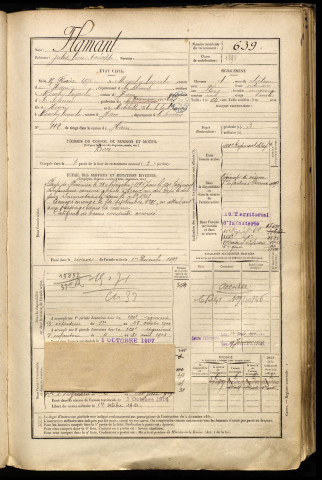 Flamant, Jules Léon Onésippe, né le 15 février 1873 à Monchy-Lagache (Somme), classe 1893, matricule n° 639, Bureau de recrutement de Péronne