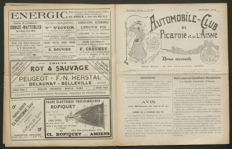 Automobile-club de Picardie et de l'Aisne. Revue mensuelle, 8e année, février 1912