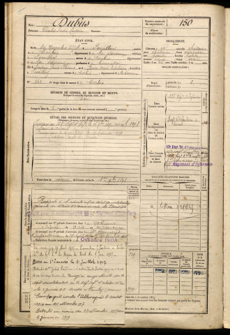 Dubus, Charles André Eugène, né le 30 novembre 1874 à Fouilloy (Somme), classe 1894, matricule n° 150, Bureau de recrutement d'Amiens