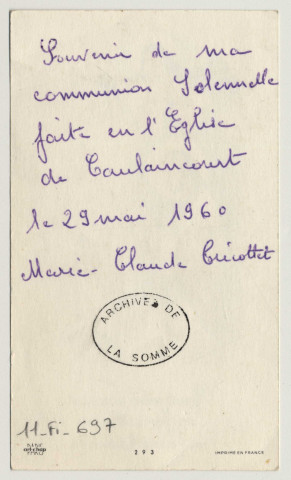 Tout mon amour en Jésus-Christ et Sainte Thérèse. Le Christ donnant la communion. Image de communion solennelle de Marie-Claude Criottet, en l'église de Caulaincourt le 29 mai 1960